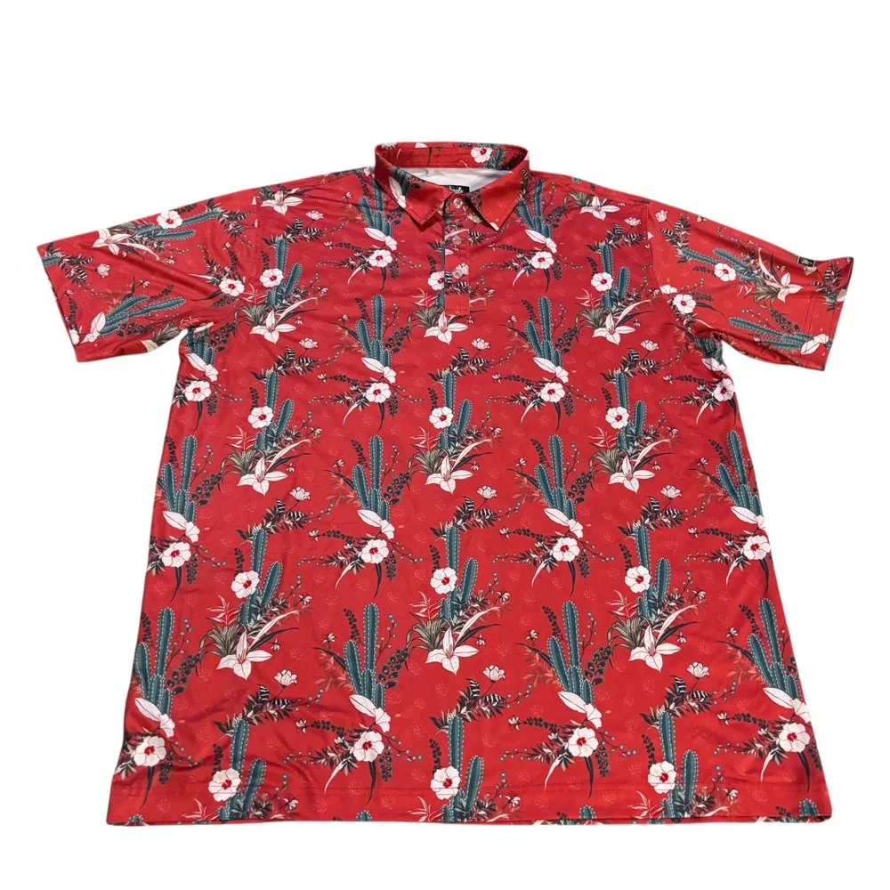 Waggle Mens 2XL Red Cactus‎ Floral Performance Golf Polo Shirt Stretch - Picture 2 of 8